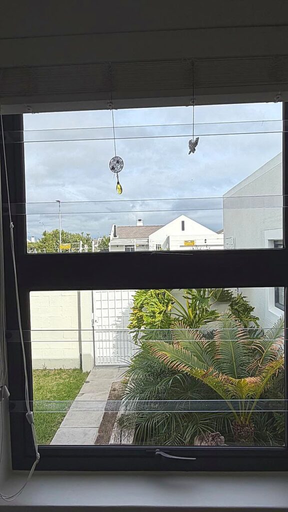 White horizontal burglar bars installed across a large residential window