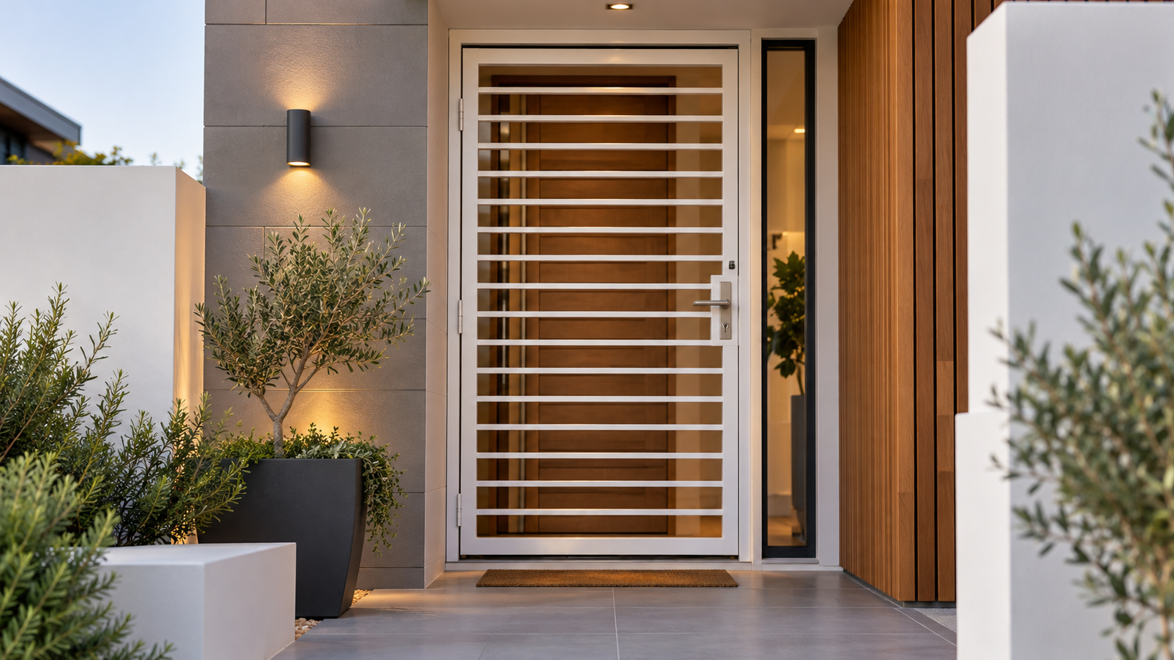 Illustrative modern white steel security gate with horizontal bars at a contemporary entrance