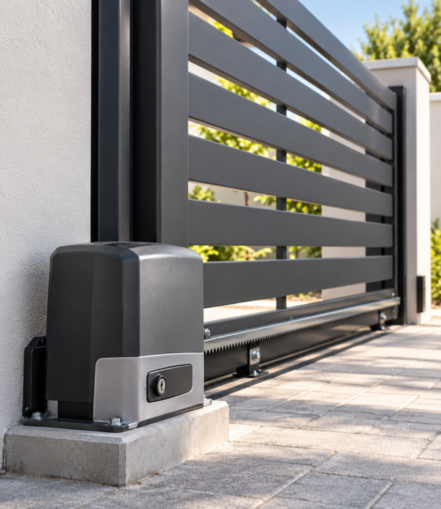 Illustrative modern sliding driveway gate motor with toothed rack and charcoal steel gate