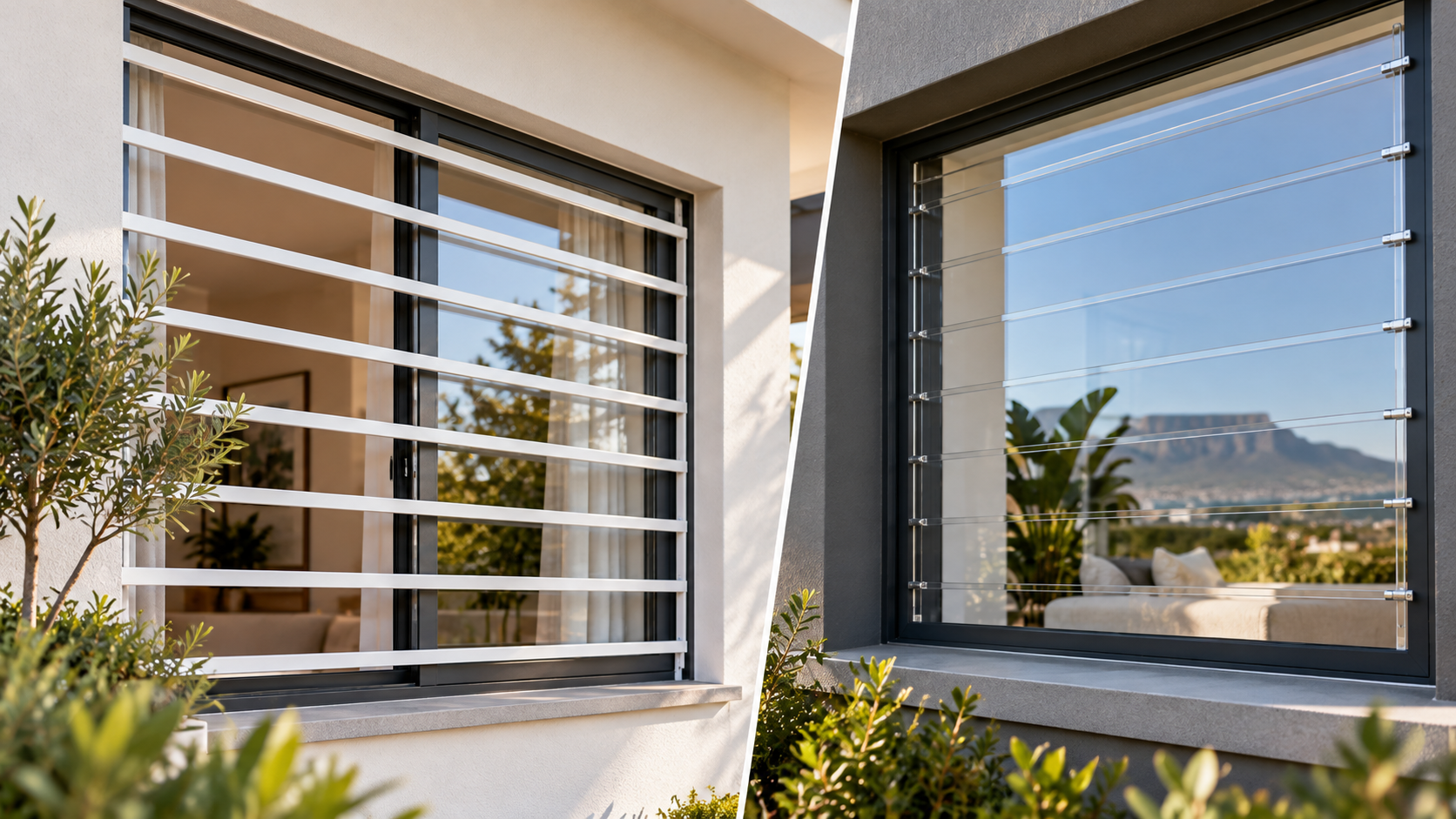 Illustrative comparison of white horizontal steel burglar bars and transparent Clear Bar-style window protection