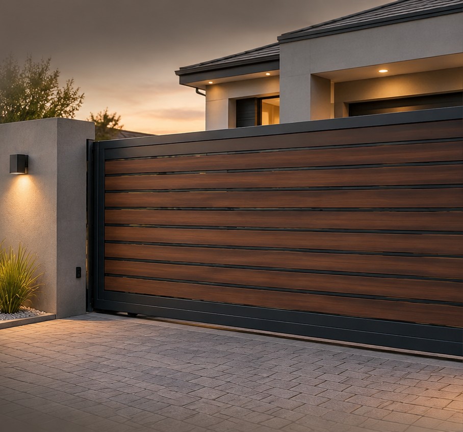 Illustrative modern sliding driveway gate design with timber-style cladding